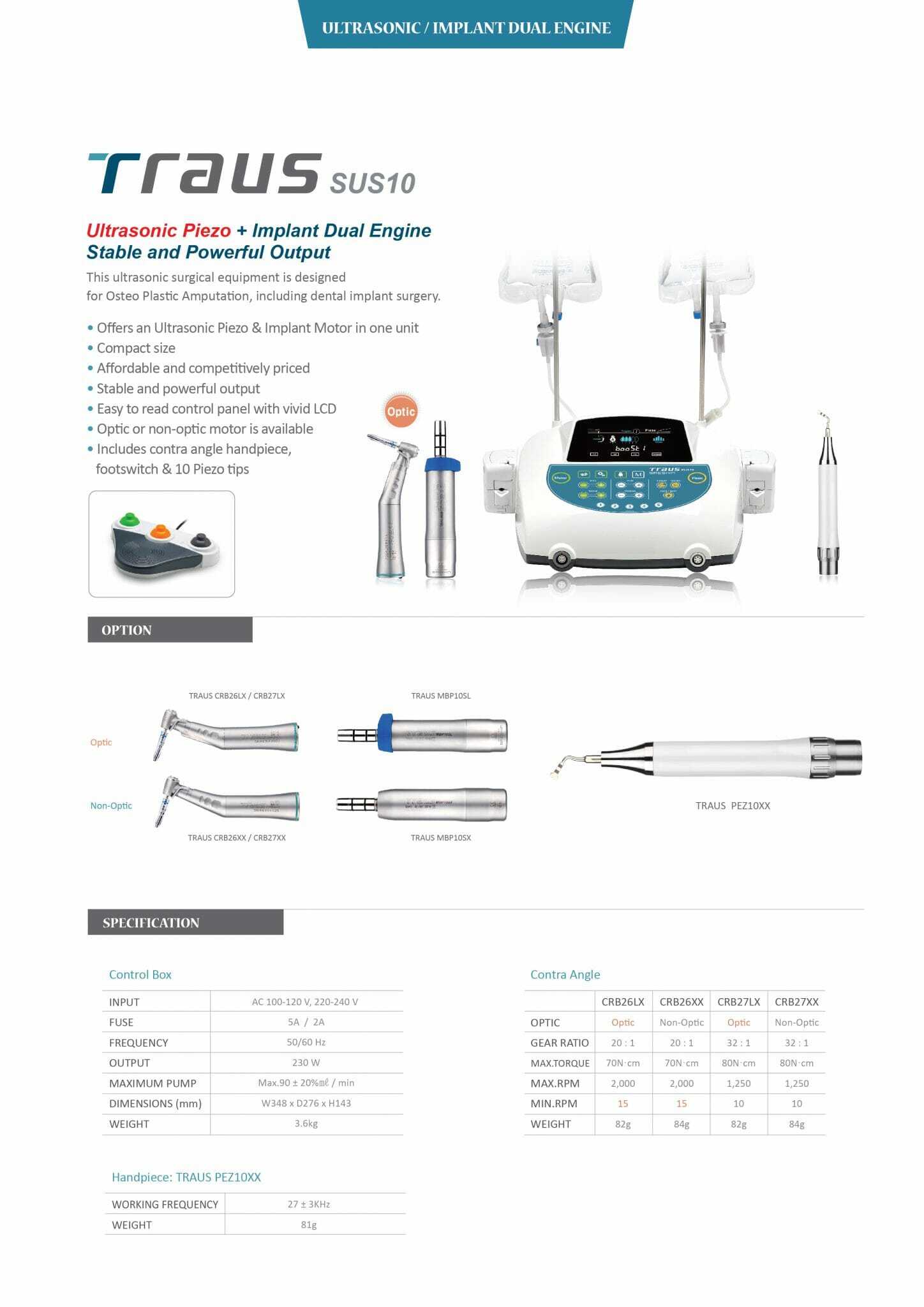 Saeshin Traus SUS10 piezoelectric and implant motor combo set - Description Image 1