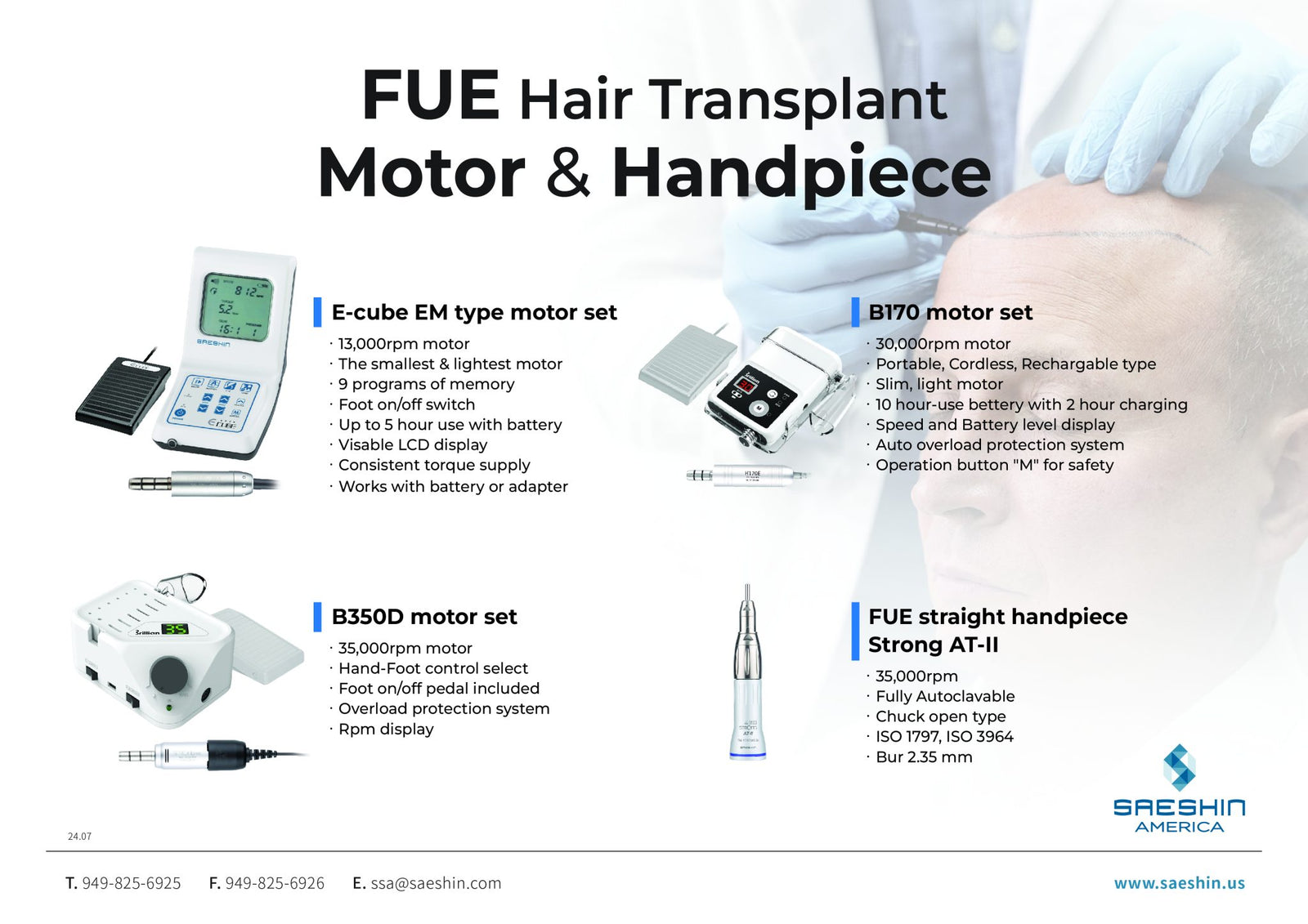 Saeshin B350D/108E Motor/Strong AT-II FUE Hair Transplant Micromotor Set - Description Image 1
