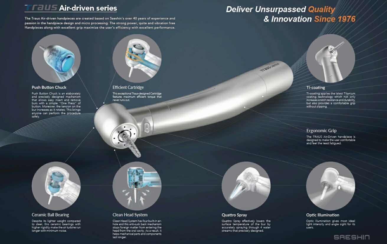 Saeshin Traus CAB20ND M4 non-optic air-driven dental handpiece - Description Image 1